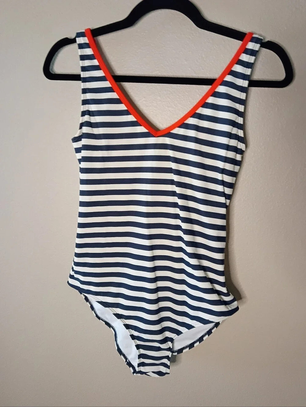 Boden Striped One-Piece Swimsuit Jump in Nautical Navy and White  V-Neck Size 8R